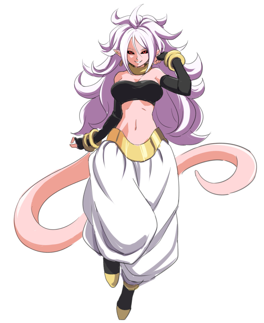 1girl absurdres ahoge android_21 android_21_(evil) arm_up baggy_pants bandeau bangle bare_shoulders black_footwear black_gloves black_sclera bracelet breasts cleavage commentary_request dragon_ball dragon_ball_fighterz earrings fingerless_gloves full_body gloves grin hair_between_eyes hair_strand harem_pants highres jewelry large_breasts leon_(mikiri_hassha) long_hair looking_at_viewer majin_android_21 midriff monster_girl navel pants pink_skin pointy_ears red_eyes shoes sidelocks silver_hair simple_background smile solo stomach tail very_long_hair white_background