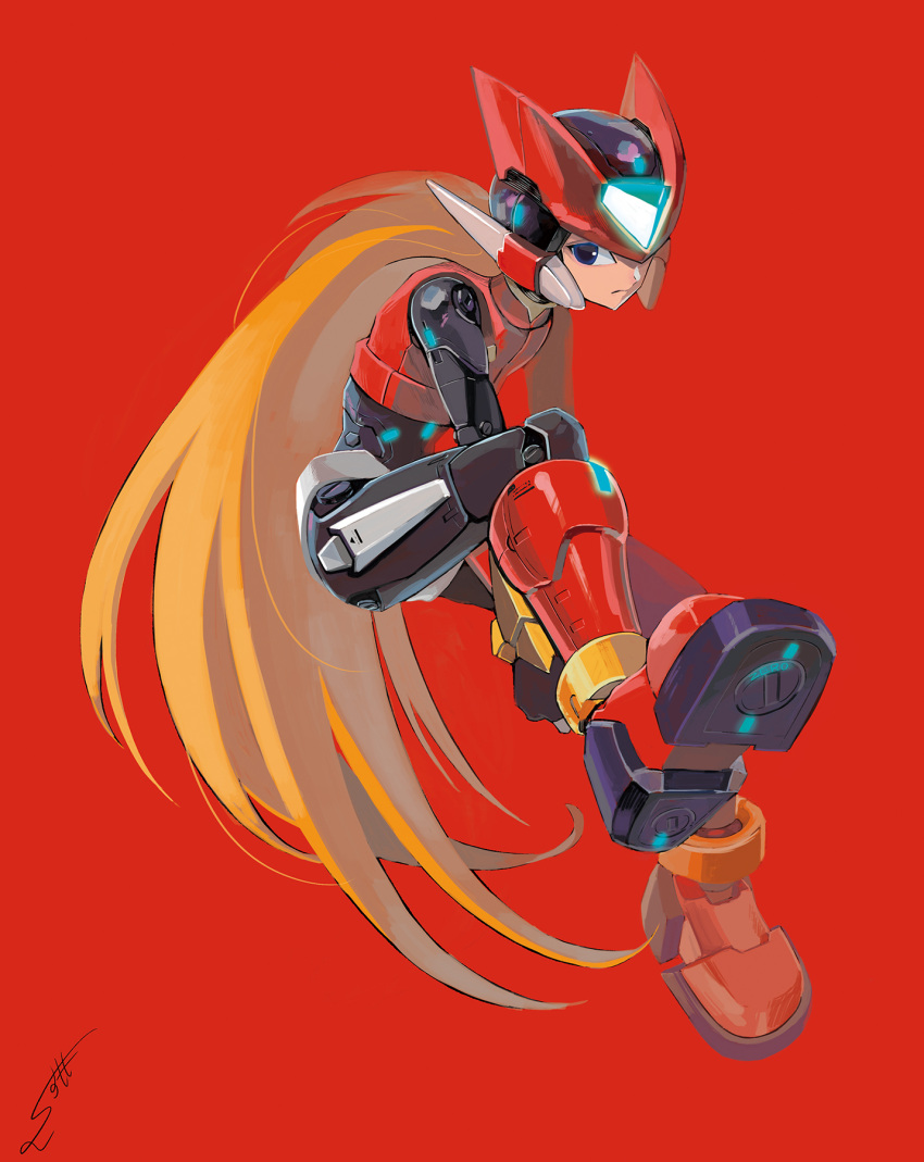 1boy android blonde_hair blue_eyes capcom full_body helmet highres long_hair male_focus red_background red_footwear robot_joints rockman rockman_zero signature simple_background sitting solo sumomo very_long_hair zero_(rockman)
