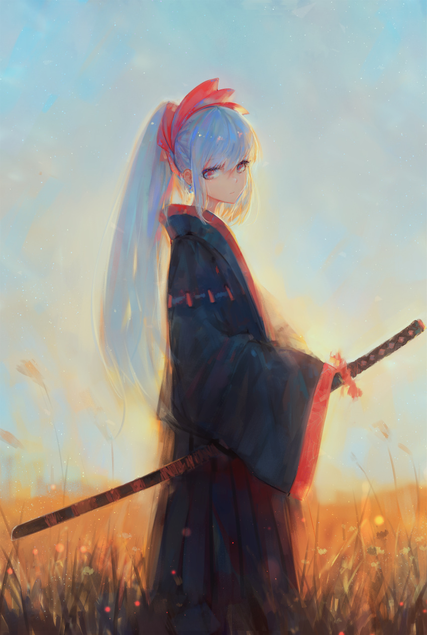 1girl absurdres bangs black_hakama blue_hair blue_sky closed_mouth commentary_request day field hair_between_eyes hair_ornament hakama head_tilt high_ponytail highres holding holding_sheath japanese_clothes katana kisei2 long_hair long_sleeves looking_at_viewer looking_to_the_side original outdoors ponytail red_eyes sheath sheathed sidelocks sky sleeves_past_fingers sleeves_past_wrists solo standing sword very_long_hair weapon wide_sleeves