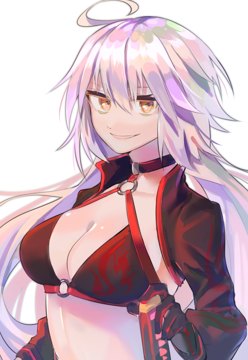 1girl ahoge black_gloves breasts cleavage eyebrows_visible_through_hair fate/grand_order fate_(series) gloves highres hikari50503 jeanne_d'arc_(alter)_(fate) jeanne_d'arc_(alter_swimsuit_berserker) jeanne_d'arc_(fate)_(all) katana large_breasts long_hair looking_at_viewer shrug_(clothing) smile solo swimsuit swimsuit_under_clothes sword upper_body weapon white_background yellow_eyes