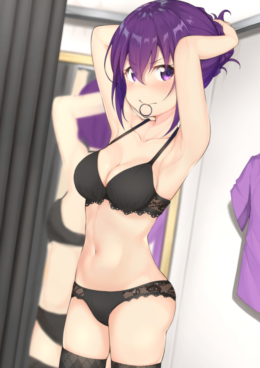 1girl armpits arms_up bangs bare_arms bare_shoulders black_bra black_legwear black_panties blurry blurry_background blush bra breasts bunching_hair cleavage closed_mouth collarbone commentary_request curtains depth_of_field eyebrows_visible_through_hair gochuumon_wa_usagi_desu_ka? hair_between_eyes hair_tie hair_tie_in_mouth highres indoors looking_at_viewer medium_breasts mirror mottsun_(i_40y) mouth_hold navel nose_blush panties purple_hair purple_shirt reflection shirt shirt_removed short_sleeves solo standing tedeza_rize thigh-highs underwear underwear_only v-shaped_eyebrows violet_eyes