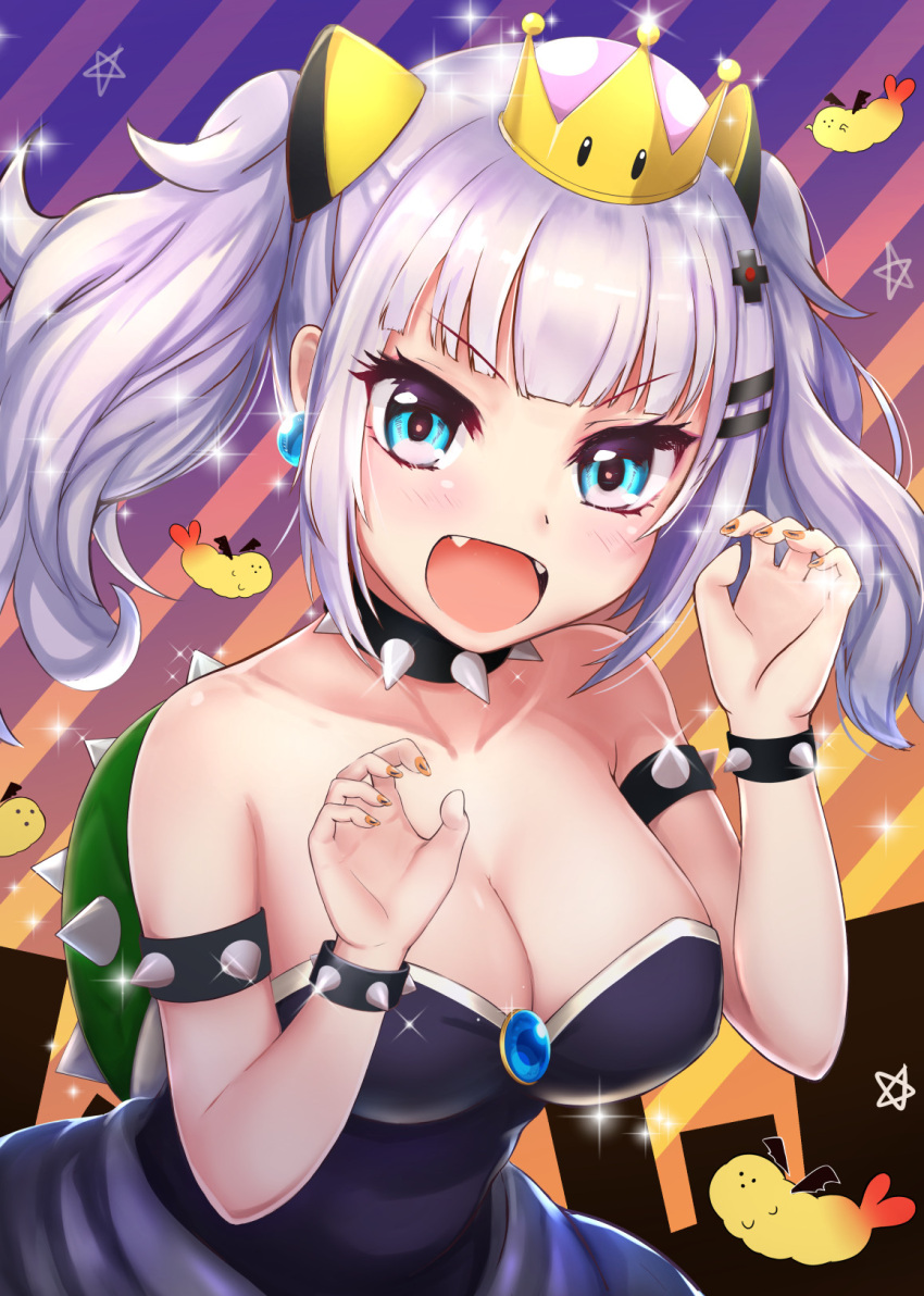 1girl :d armlet bangs bare_shoulders blue_eyes blunt_bangs blush bowsette bowsette_(cosplay) bracelet breasts cleavage collar collarbone commentary_request cosplay crown diagonal-striped_background diagonal_stripes eyebrows_visible_through_hair fangs food hair_ornament highres jewelry kabosu_(anna_neji) kaguya_luna kaguya_luna_(character) large_breasts looking_at_viewer super_mario_bros. nail_polish new_super_mario_bros._u_deluxe nintendo open_mouth orange_nails short_hair shrimp shrimp_tempura silver_hair smile solo spiked_armlet spiked_bracelet spiked_collar spikes striped striped_background super_crown tempura twintails virtual_youtuber x_hair_ornament