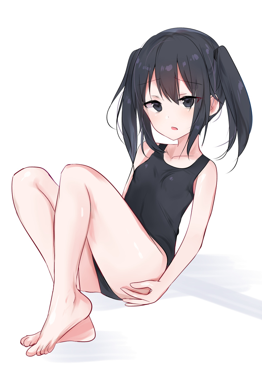 1girl absurdres ass bad_feet bangs bare_arms bare_legs bare_shoulders barefoot black_eyes black_hair black_swimsuit blush breasts collarbone eyebrows_visible_through_hair hair_between_eyes hand_on_own_ass head_tilt highres long_hair looking_at_viewer natsu_(sinker8c) one-piece_swimsuit original parted_lips school_swimsuit shadow sidelocks sketch small_breasts solo swimsuit twintails white_background