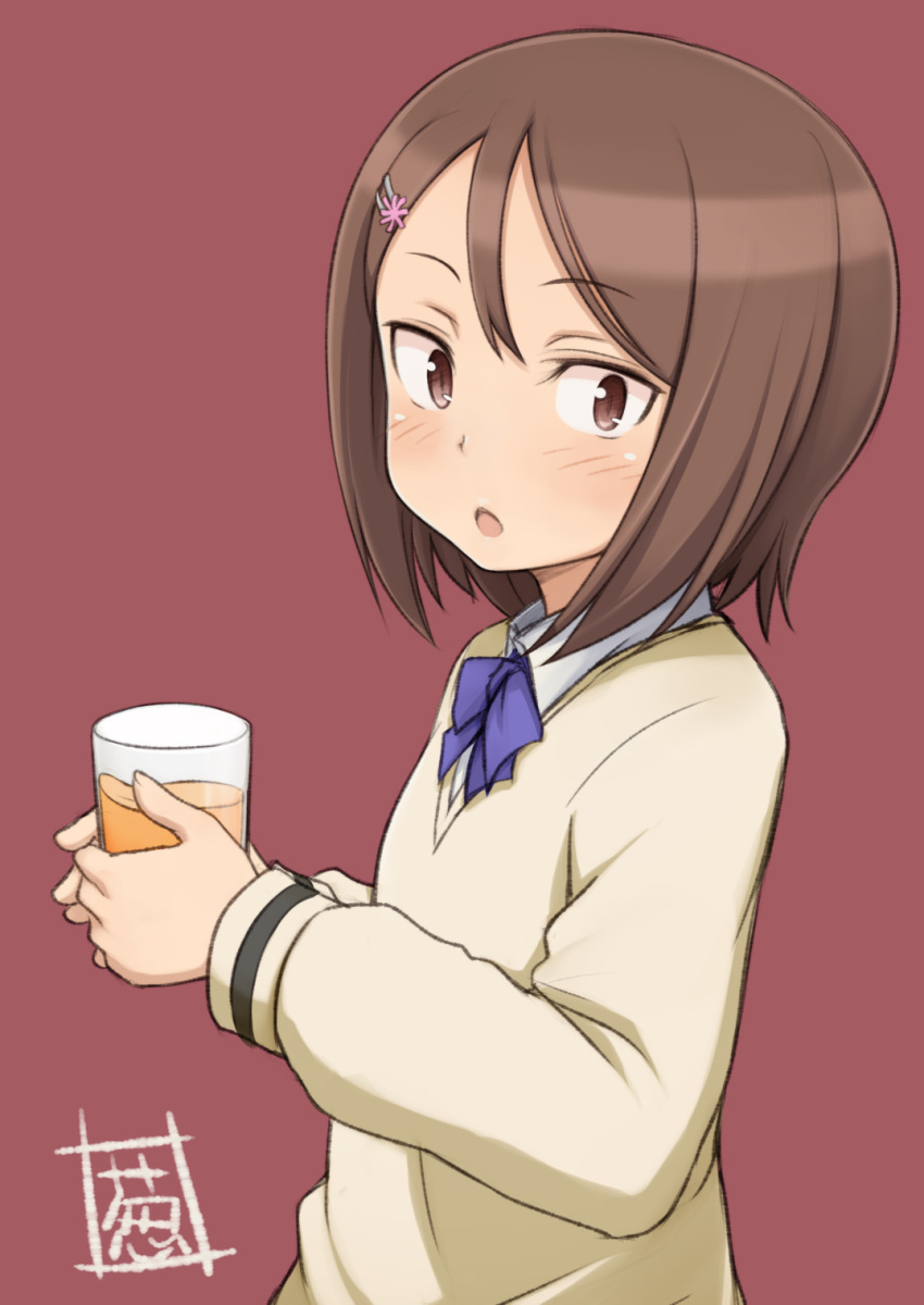 1girl :o blue_bow blush bow brown_eyes brown_hair collared_shirt cup drinking_glass fujisawa_kana hair_ornament hairclip highres holding holding_cup juice looking_at_viewer negija school_uniform shirt short_hair simple_background solo sweater sword_art_online sword_art_online_alternative:_gun_gale_online upper_body white_shirt