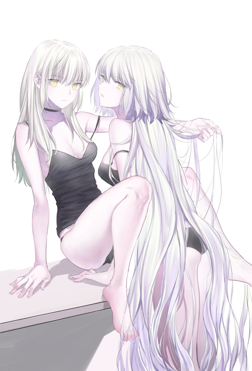 2girls arm_support artoria_pendragon_(all) ass barefoot black_choker black_panties black_tank_top blonde_hair breasts choker cleavage expressionless eyebrows_visible_through_hair fate/grand_order fate_(series) feet female_ass hair_down hair_strand hand_in_another's_hair head_tilt highres jeanne_d'arc_(alter)_(fate) jeanne_d'arc_(fate)_(all) leaning_forward long_hair looking_at_viewer looking_back medium_breasts multiple_girls nipi27 pale_skin panties saber_alter shadow silver_hair simple_background sitting spread_legs strap_slip tank_top toes underwear very_long_hair white_background yellow_eyes yuri