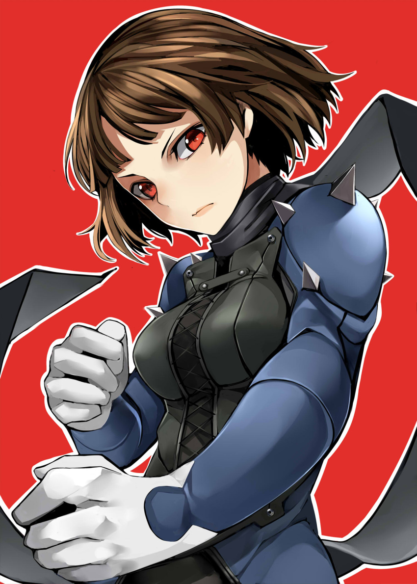 1girl biker_clothes black_neckwear bodysuit brown_hair closed_mouth corset fighting_stance gloves highres long_sleeves looking_at_viewer nemu_(nebusokugimi) niijima_makoto outline persona persona_5 red_background red_eyes scarf serious short_hair shoulder_spikes simple_background solo spikes upper_body white_outline