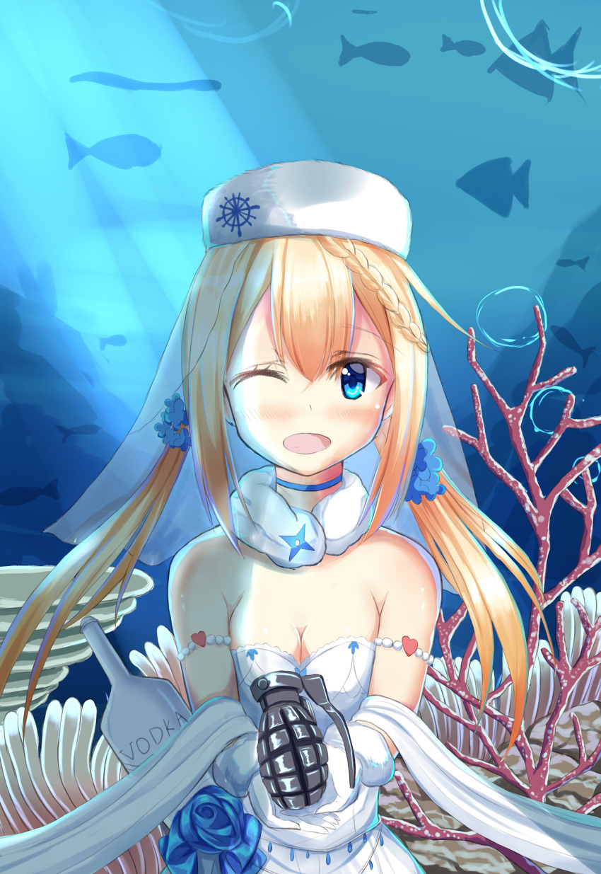 1girl absurdres alcohol blonde_hair blue_eyes breasts bridal_veil cleavage coral dress explosive girls_frontline gloves grenade hat highres looking_at_viewer low_twintails natsuki_(digretking) ppsh-41_(girls_frontline) seaweed small_breasts solo twintails underwater veil vodka wedding_dress