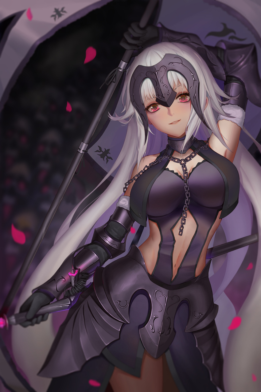 1girl arm_up armor armored_dress armpits bangs banner bare_shoulders black_gloves blurry blurry_background blush breasts chains cleavage cleavage_cutout commentary_request cowboy_shot depth_of_field dress dual_wielding elbow_gloves estcc fate/grand_order fate_(series) fur-trimmed_gloves fur_trim gloves grey_hair head_tilt headpiece highres holding holding_weapon jeanne_d'arc_(alter)_(fate) jeanne_d'arc_(fate)_(all) large_breasts long_hair looking_at_viewer midriff navel navel_cutout parted_lips petals pink_eyes pink_lips purple_dress skull sleeveless sleeveless_dress solo straight_hair v-shaped_eyebrows vambraces very_long_hair weapon