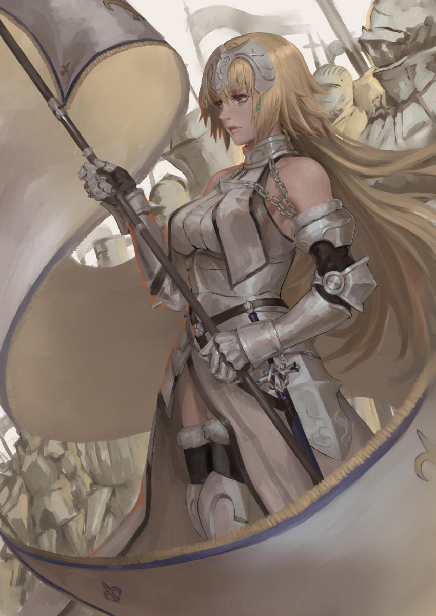 1girl absurdres armor armored_dress bare_shoulders blonde_hair blue_eyes breasts chains fate/apocrypha fate/grand_order fate_(series) faulds flag from_side fur_trim gauntlets hair_between_eyes headpiece highres holding holding_flag jeanne_d'arc_(fate) jeanne_d'arc_(fate)_(all) knight large_breasts long_hair peperon_(peperou) plackart standard_bearer standing thigh-highs