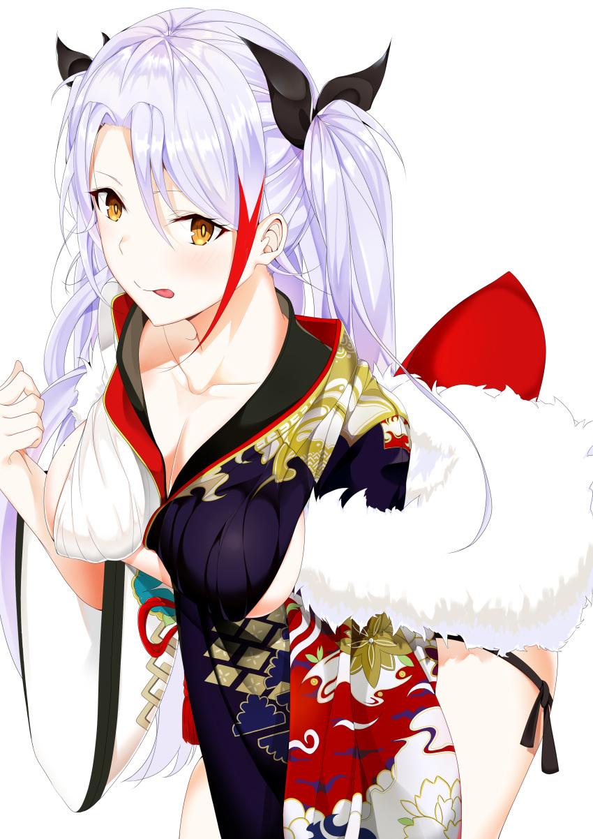 absurdres azur_lane bangs breasts cleavage collarbone highres japanese_clothes kimono large_breasts long_hair looking_at_viewer nue0 prinz_eugen_(azur_lane) silver_hair simple_background solo yellow_eyes