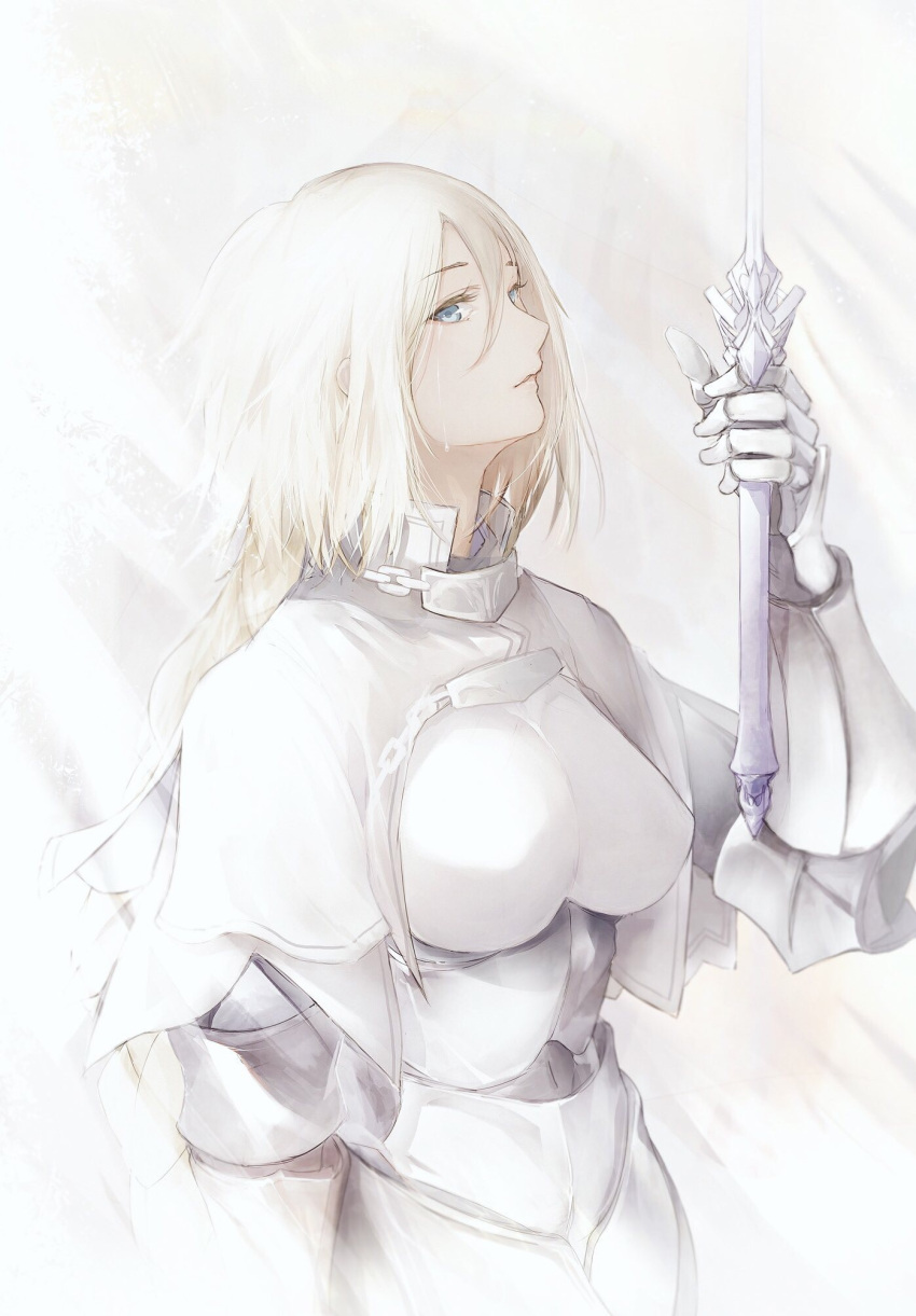 1girl alternate_color armor armored_dress bangs blonde_hair blue_eyes braid breasts capelet chains commentary_request dress eyebrows_visible_through_hair fate/grand_order fate_(series) gauntlets hair_between_eyes hand_up head_tilt highres holding holding_sword holding_weapon jeanne_d'arc_(fate) jeanne_d'arc_(fate)_(all) long_hair looking_at_viewer looking_to_the_side marumoru medium_breasts parted_lips single_braid solo sword upper_body very_long_hair weapon white_capelet white_dress