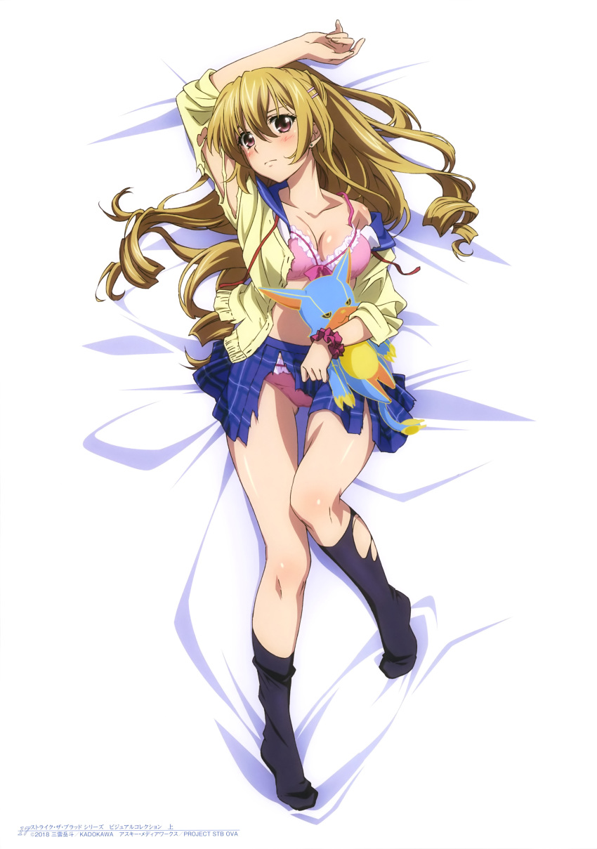 1girl 2018 absurdres aiba_asagi arm_up black_legwear blonde_hair blue_skirt blush bow bow_bra bra breasts brown_eyes cardigan cleavage collarbone copyright_name dakimakura frilled_bra frills from_above full_body hair_between_eyes hair_ornament highres kneehighs long_hair looking_at_viewer lying medium_breasts miniskirt mogwai_(strike_the_blood) official_art on_back open_cardigan open_clothes panties pink_bow pink_bra pink_panties pleated_skirt saikai_academy_uniform sailor_collar school_uniform shiny shiny_skin skirt solo strike_the_blood torn_clothes torn_skirt underwear very_long_hair yellow_cardigan