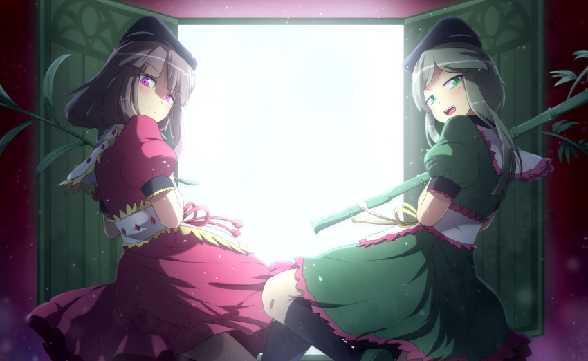 2girls backlighting bamboo black_legwear brown_hair dress green_dress green_hair hidden_star_in_four_seasons highres lenk64 looking_at_viewer multiple_girls myouga_(plant) nishida_satono open_mouth open_window pink_dress socks teireida_mai touhou violet_eyes window