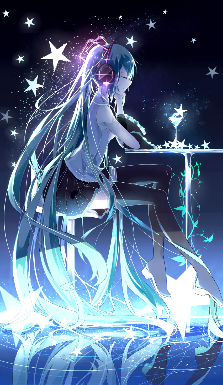 1girl absurdly_long_hair absurdres black_footwear black_skirt blue_hair boots closed_eyes cup drinking_glass floating_hair from_side grey_shirt hatsune_miku headphones highres invisible_chair long_hair miniskirt pleated_skirt shirt sitting skirt sleeveless sleeveless_shirt solo suiboku_tanren table thigh-highs thigh_boots twintails very_long_hair vocaloid zettai_ryouiki