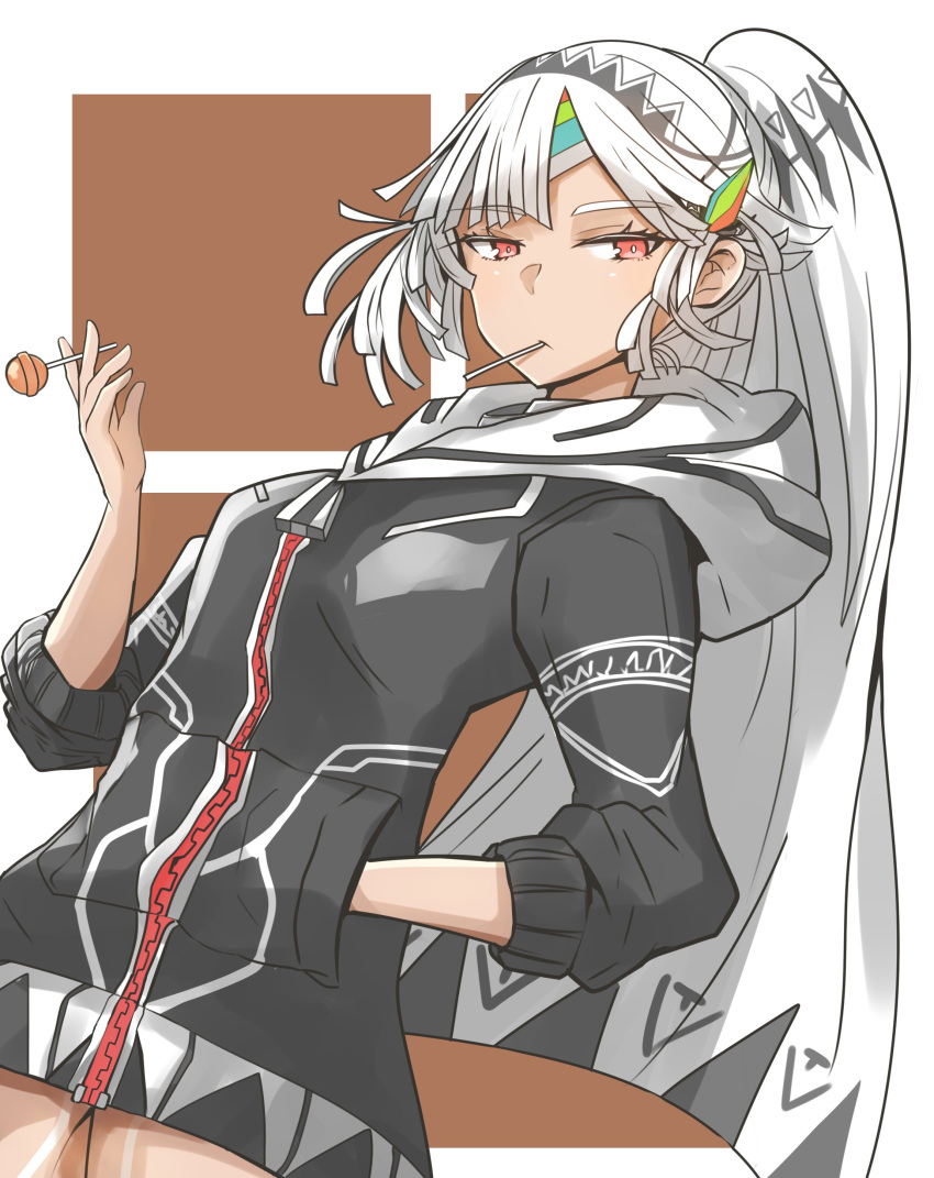 1girl absurdres altera_(fate) alternate_costume alternate_hairstyle bangs black_jacket breasts candy dark_skin eyebrows_visible_through_hair fate/grand_order fate_(series) food food_in_mouth gin_moku hand_in_pocket headdress highres holding holding_lollipop hood hoodie jacket leg_tattoo lollipop long_sleeves red_eyes short_hair small_breasts solo tan tattoo upper_body veil white_hair