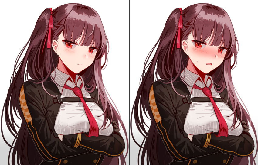 1girl bangs blazer blush braid breasts closed_mouth collared_shirt crossed_arms double-breasted embarrassed framed_breasts french_braid girls_frontline gloves hair_ribbon half_updo high-waist_skirt jacket large_breasts long_hair looking_at_viewer multiple_views necktie one_side_up open_mouth purple_hair red_eyes red_neckwear red_ribbon ribbon shirt sidelocks silence_girl simple_background skirt solo strap striped striped_shirt sweatdrop tsurime upper_body very_long_hair wa2000_(girls_frontline) white_background