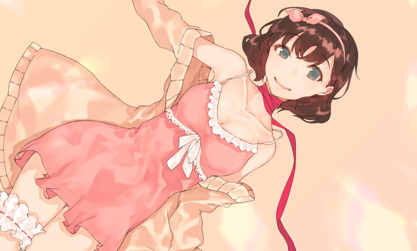 1girl aqua_eyes bangs bare_shoulders black_hair breasts brown_sweater cleavage collarbone dress eyebrows_visible_through_hair fifuth frills hairband highres idolmaster idolmaster_cinderella_girls looking_at_viewer lying medium_breasts neck_ribbon no_nose no_pupils on_back pink_dress pink_hairband red_ribbon ribbon sakuma_mayu short_dress smile solo spaghetti_strap sweater thigh_strap