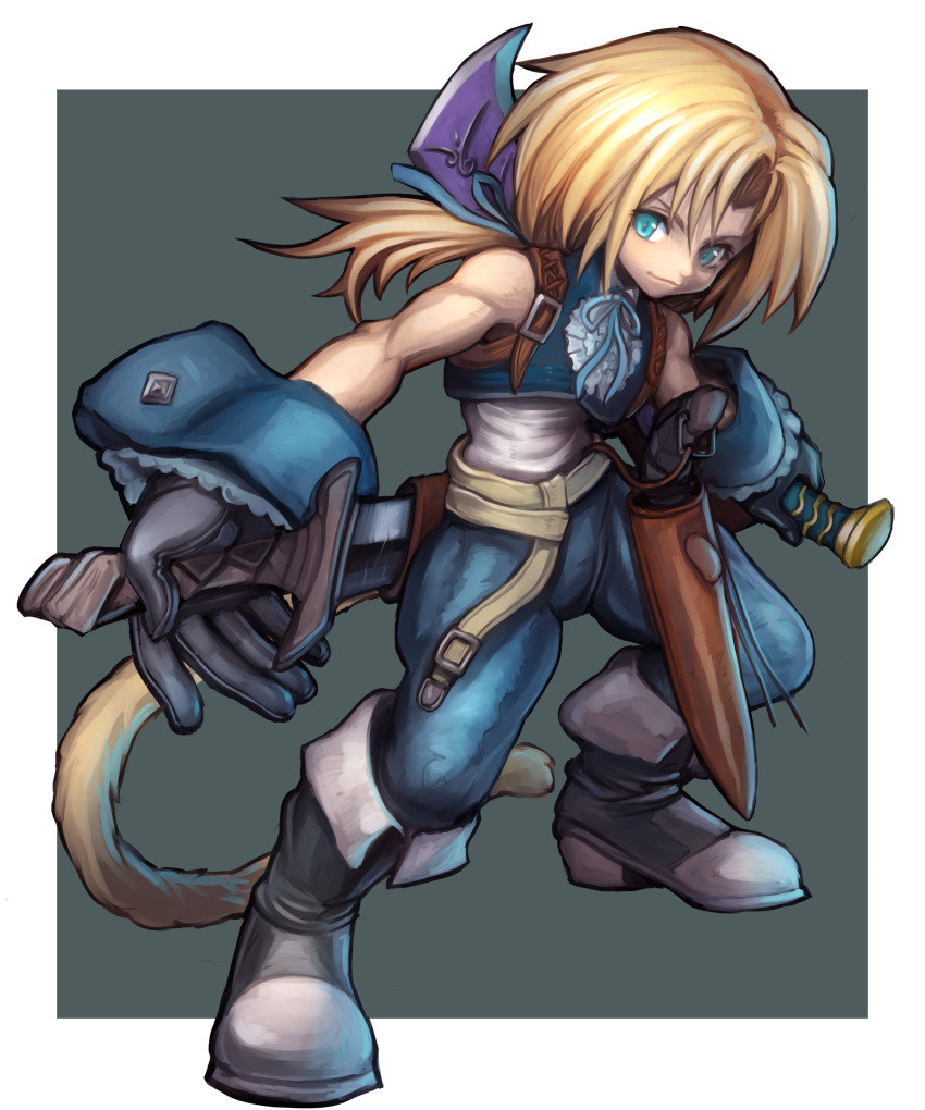 1boy absurdres bangs bare_arms black_footwear blonde_hair blue_eyes blue_pants blunt_bangs boots dakusuta dual_wielding final_fantasy final_fantasy_ix full_body gloves highres holding long_hair male_focus monkey_tail pants ponytail simple_background tail weapon zidane_tribal