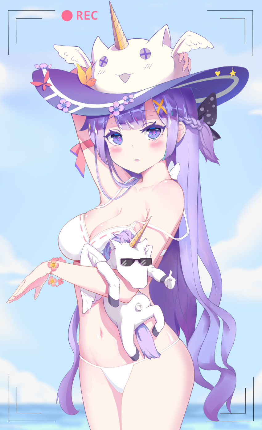 1girl absurdres adjusting_clothes adjusting_hat arm_up azur_lane bare_shoulders bikini blue_sky blurry braid breasts carrying_against_hip cleavage clouds cloudy_sky collarbone commentary_request depth_of_field fake_screenshot flower_bracelet french_braid hair_bun hair_ornament hat highres horizon kei_kei_(854174652) long_hair looking_at_viewer medium_breasts navel ocean one_side_up parted_lips purple_hair sky solo standing stuffed_alicorn stuffed_toy sunglasses swimsuit thumbs_up unicorn_(azur_lane) violet_eyes white_bikini x_hair_ornament