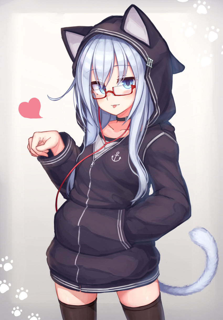 1girl anchor_symbol animal_ears animal_hood black_legwear blue_eyes blush cat_ears cat_hood closed_mouth eyebrows_visible_through_hair fake_animal_ears fake_tail glasses gradient gradient_background hair_between_eyes heart hibiki_(kantai_collection) highres hood hoodie kantai_collection long_hair looking_at_viewer red-framed_eyewear reitou_mikan silver_hair solo tail thigh-highs thighs