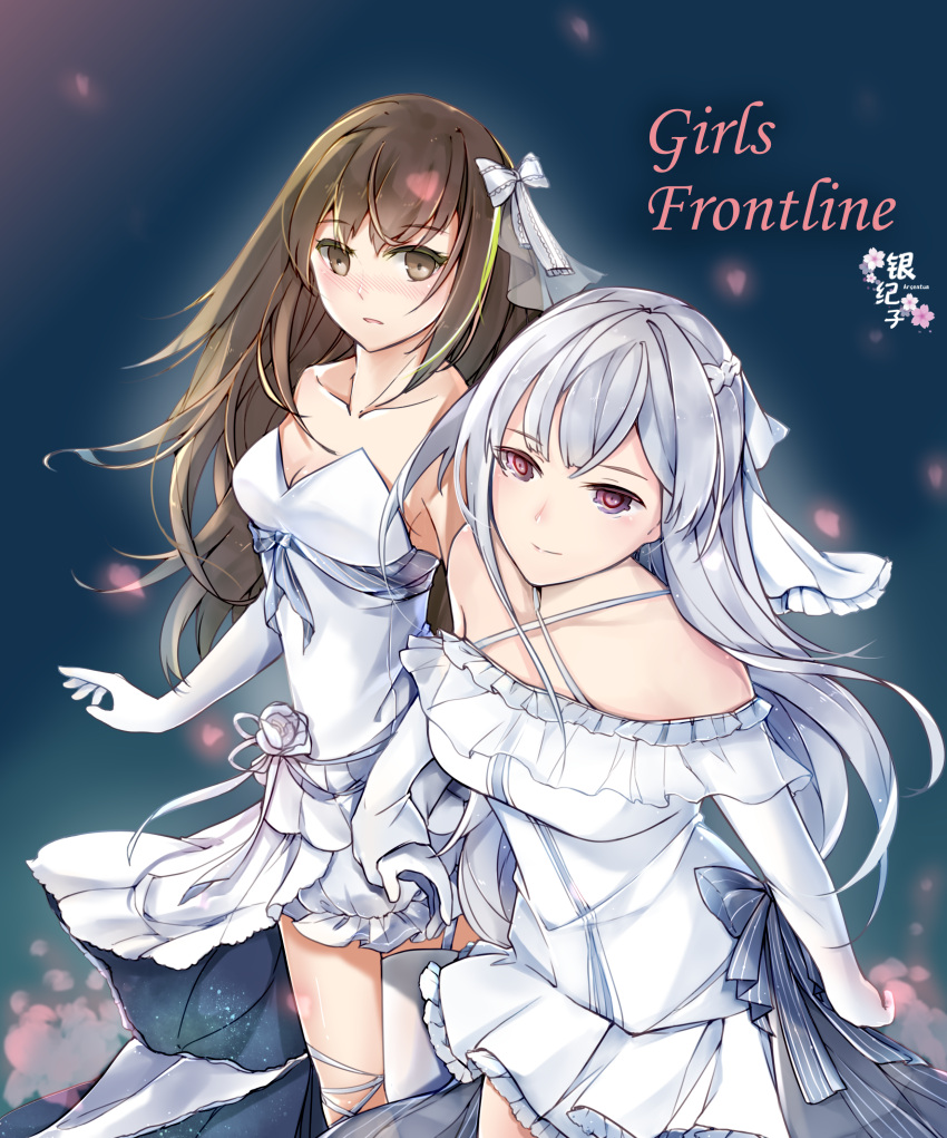 2girls absurdres ak-12_(girls_frontline) argentum127 bride brown_eyes brown_hair dress girls_frontline hair_ornament highres jewelry long_hair m4a1_(girls_frontline) multiple_girls ring silver_hair simple_background violet_eyes wedding wedding_band wedding_dress