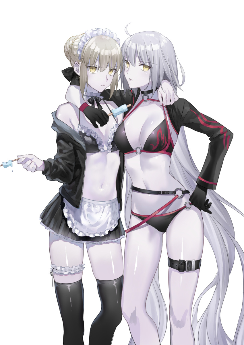 2girls ahoge apron arm_around_shoulder artoria_pendragon_(all) artoria_pendragon_(swimsuit_rider_alter) ass_visible_through_thighs bikini bikini_skirt black_bikini black_gloves black_jacket blonde_hair bow breasts choker cleavage commentary_request cropped_legs eyebrows_visible_through_hair fate/grand_order fate_(series) food frilled_bikini frilled_choker frills frown gloves hair_bow hair_bun highres ice_cream jacket jeanne_d'arc_(alter_swimsuit_berserker) jeanne_d'arc_(fate)_(all) long_hair looking_at_viewer maid_apron maid_headdress medium_breasts multiple_girls nipi27 o-ring o-ring_bikini off_shoulder pale_skin parted_lips popsicle popsicle_stick shrug_(clothing) silver_hair simple_background small_breasts swimsuit thigh-highs thigh_gap thigh_strap very_long_hair white_background yellow_eyes