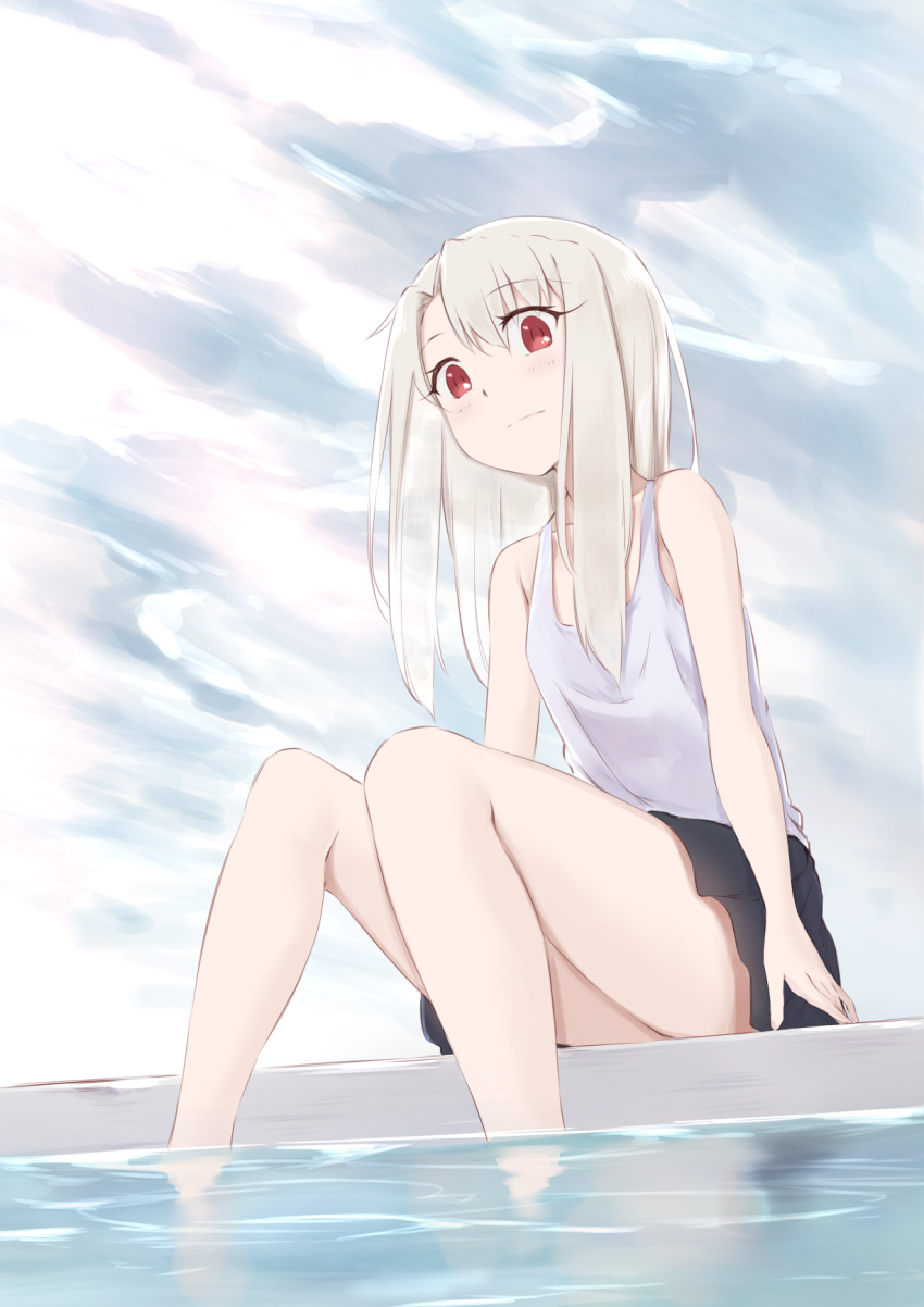1girl bangs bare_arms bare_shoulders black_skirt clouds cloudy_sky day eyebrows_visible_through_hair fate/kaleid_liner_prisma_illya fate_(series) feet_out_of_frame flat_chest highres illyasviel_von_einzbern jilu long_hair looking_at_viewer outdoors red_eyes sitting skirt sky sleeveless soaking_feet solo tank_top water white_hair