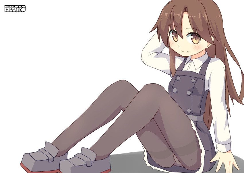 1girl arashio_(kantai_collection) artist_name black_legwear blush breasts brown_eyes brown_hair dress frilled_dress frills full_body highres kantai_collection long_hair long_sleeves looking_at_viewer panties panties_under_pantyhose pantyhose pantyshot pantyshot_(sitting) pepatiku pinafore_dress remodel_(kantai_collection) school_uniform shadow shirt shoes simple_background sitting small_breasts smile solo thighband_pantyhose underwear white_background white_panties white_shirt