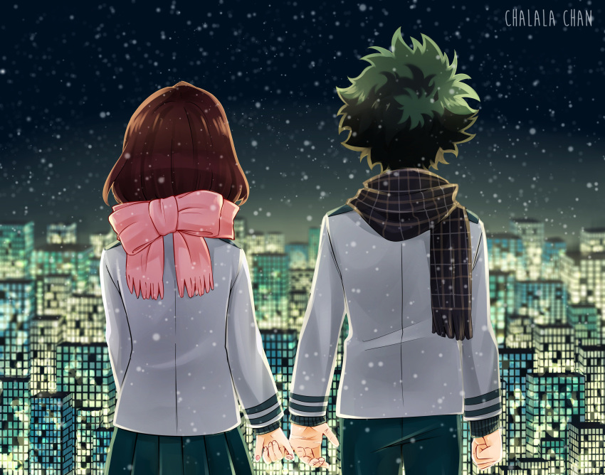 1boy 1girl absurdres artist_name blazer boku_no_hero_academia brown_hair building chalalachan city cityscape commentary english_commentary from_behind green_hair green_pants green_skirt highres jacket messy_hair midoriya_izuku night night_sky pants pink_scarf pinky_swear plaid plaid_scarf pleated_skirt scarf school_uniform short_hair skirt sky skyline skyscraper snow uraraka_ochako