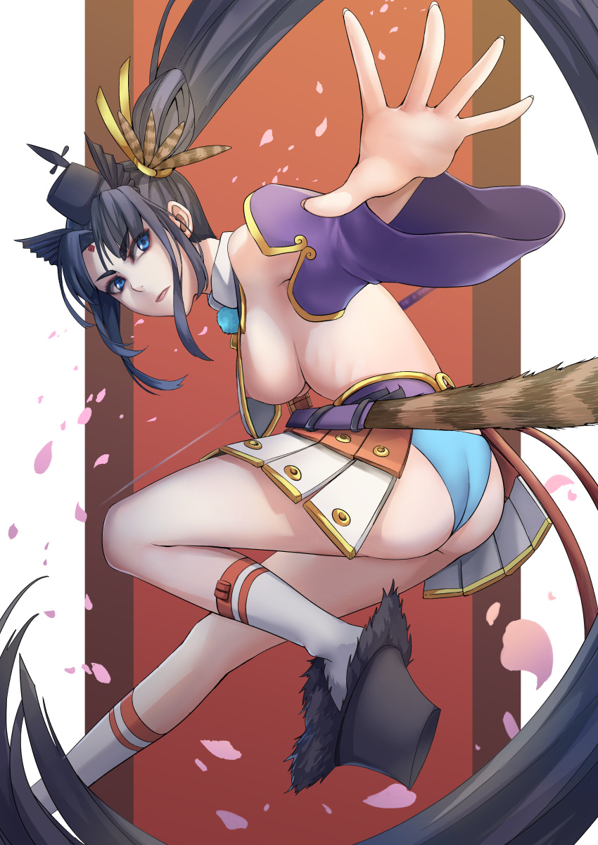 1girl absurdres ass black_hair blue_eyes blue_panties breasts cherry_blossoms detached_sleeves fate/grand_order fate_(series) geta hat highres holding holding_sword holding_weapon large_breasts long_hair looking_at_viewer outstretched_hand panties petals purple_sleeves sakuya_(liao_kj) scabbard sheath side_ponytail sideboob socks solo sword tate_eboshi underwear ushiwakamaru_(fate) very_long_hair weapon white_legwear
