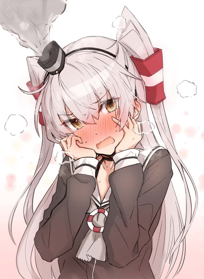 1girl amatsukaze_(kantai_collection) black_choker black_hairband blush brown_eyes brown_shirt choker commentary_request downscaled embarrassed eyebrows_visible_through_hair full-face_blush gradient gradient_background grey_hair grey_neckwear hair_tubes hairband hands_on_own_cheeks hands_on_own_face hands_up head_tilt highres kantai_collection long_hair long_sleeves neckerchief resized revision sarong school_uniform serafuku shirt smoke smokestack solo straight_hair sweat takanashi_kei_(hitsujikan) tears two_side_up v-shaped_eyebrows very_long_hair white_background white_sarong