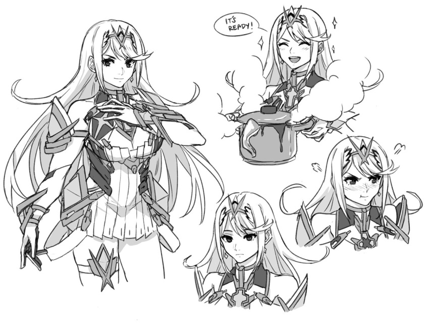 1girl armor bangs blush breasts cleavage cleavage_cutout closed_eyes earrings food gem gloves headpiece mythra_(xenoblade) jewelry kamu_(kamuuei) large_breasts long_hair looking_at_viewer monochrome nintendo simple_background smile solo swept_bangs thigh_strap tiara xenoblade_(series) xenoblade_2 xenoblade_2:_ogon_no_kuri_ira