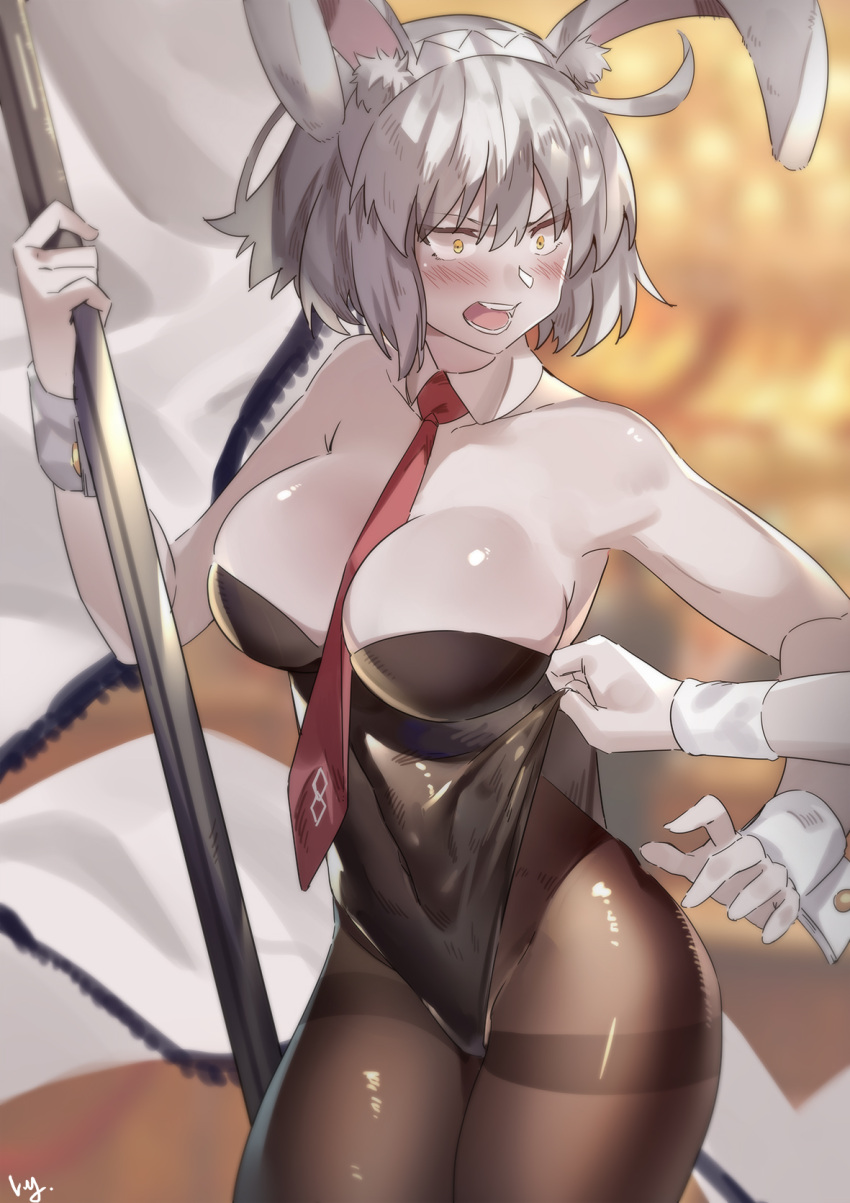 1girl animal_ear_fluff animal_ears bangs between_breasts black_legwear black_leotard breasts cleavage covered_navel detached_collar eyebrows_visible_through_hair eyes_visible_through_hair fake_animal_ears fate/grand_order fate_(series) flag hairband highres holding holding_flag jeanne_d'arc_(alter)_(fate) jeanne_d'arc_(fate)_(all) large_breasts leotard leotard_pull looking_to_the_side nanaya_(daaijianglin) necktie necktie_between_breasts open_mouth pantyhose red_neckwear shiny shiny_clothes short_hair solo_focus standing white_hair white_hairband wrist_cuffs yellow_eyes