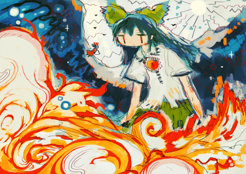 1girl abstract bangs bird bird_wings black_hair black_wings bow collared_shirt fire floating giantess green_bow green_skirt hair_bow hakurei_reimu highres hito_(nito563) long_hair red_eyes reiuji_utsuho shirt short_sleeves size_difference skirt solo third_eye touhou white_shirt wings