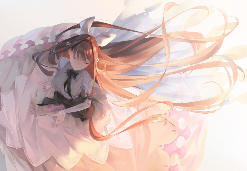 1girl bangs black_bow black_neckwear bow bowtie breasts brown_hair closed_eyes closed_mouth collared_vest commentary_request corset eyebrows_visible_through_hair floating_hair from_above grey_vest hair_ribbon highres large_breasts layered_skirt light long_hair long_skirt long_sleeves original ribbon skirt smile solo sousou_(sousouworks) straight_hair vertical-striped_vest very_long_hair vest white_ribbon white_skirt