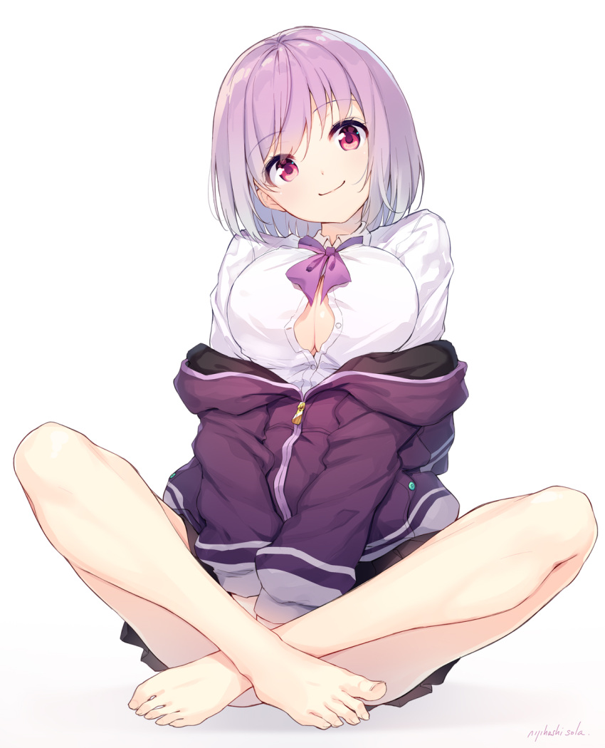 1girl barefoot breasts cleavage feet large_breasts lavender_hair looking_at_viewer open_clothes open_shirt shinjou_akane smile sora_from_france ssss.gridman toes violet_eyes