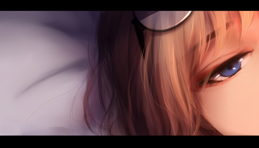 1girl bangs black-framed_eyewear blue_eyes commentary dutch_angle eyebrows_visible_through_hair face glasses letterboxed light_brown_hair looking_at_viewer lying on_back original pillow round_eyewear shimmer solo symbol_commentary