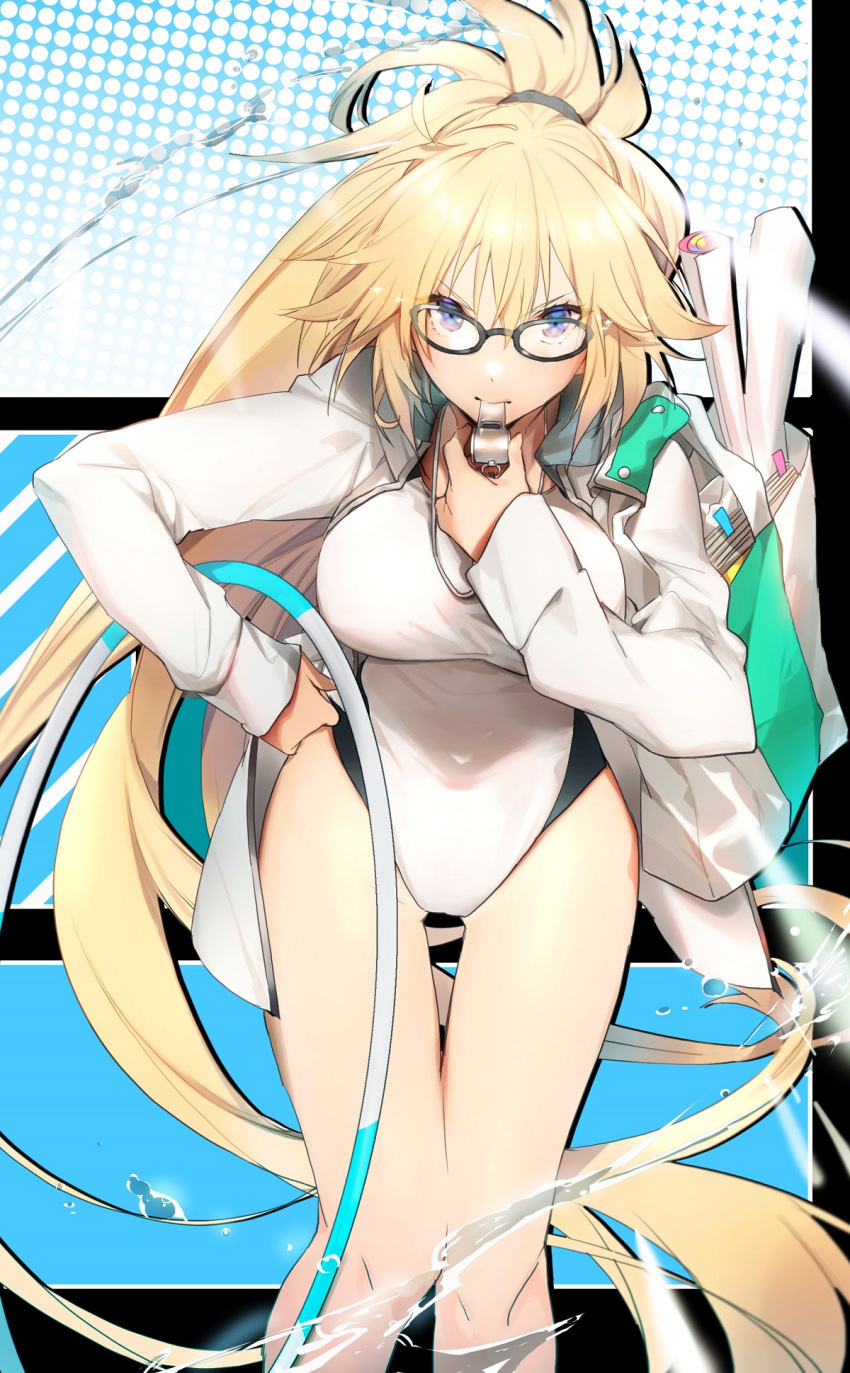 &gt;:( 1girl absurdly_long_hair bare_legs black-framed_eyewear blonde_hair blue_jacket breasts clenched_hand colored_eyelashes competition_swimsuit cowboy_shot eyebrows_visible_through_hair fate/grand_order fate_(series) hair_between_eyes hand_on_hip high_ponytail highres hood hooded_jacket hose impossible_clothes jacket jeanne_d'arc_(fate)_(all) jeanne_d'arc_(swimsuit_archer) large_breasts long_hair looking_at_viewer multicolored multicolored_background no-kan one-piece_swimsuit open_clothes open_jacket ponytail serious solo swimsuit thigh_gap thighs very_long_hair water whistle whistle_around_neck white_jacket white_swimsuit