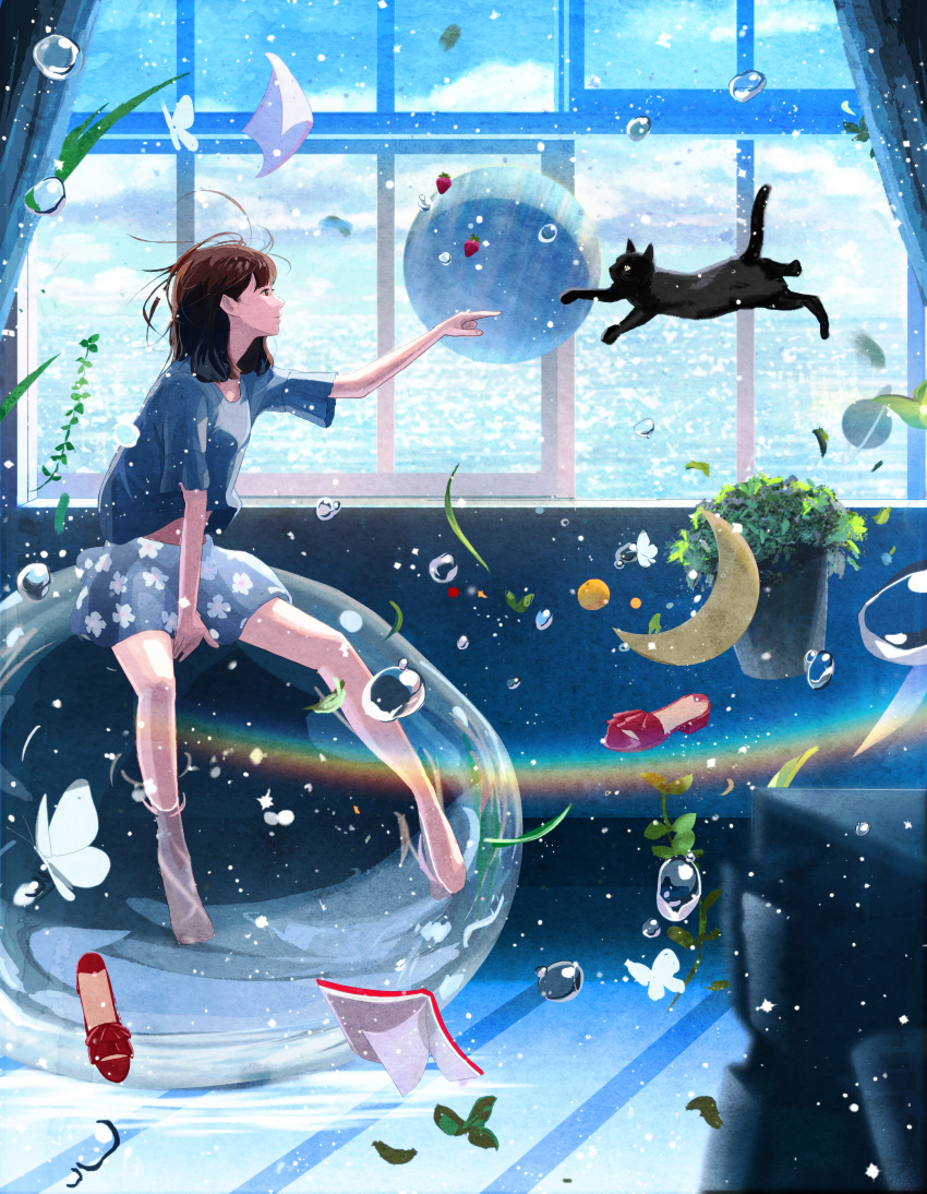 1girl absurdres black_eyes blue_skirt blue_sky brown_hair brown_legwear bubble cat closed_mouth crescent day highres huge_filesize indoors looking_away medium_hair nakamura_yukihiro original pantyhose plant potted_plant sitting skirt sky smile solo star window