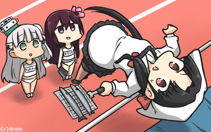 3girls :d alternate_costume black_hair brown_eyes brown_hair commentary_request dated empty_eyes eyebrows_visible_through_hair fish green_eyes hair_between_eyes hamu_koutarou highres holding kantai_collection kappougi kisaragi_(kantai_collection) long_hair long_sleeves maestrale_(kantai_collection) multiple_girls name_tag open_mouth shouhou_(kantai_collection) smile violet_eyes white_hair