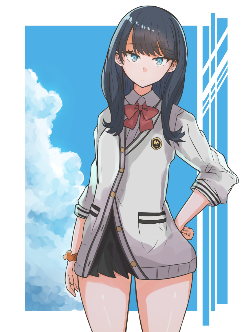 1girl absurdres black_hair blue_eyes blue_sky bow cardigan clouds cowboy_shot gin_moku hand_on_hip highres looking_at_viewer miniskirt school_uniform scrunchie skirt sky ssss.gridman takarada_rikka wrist_scrunchie