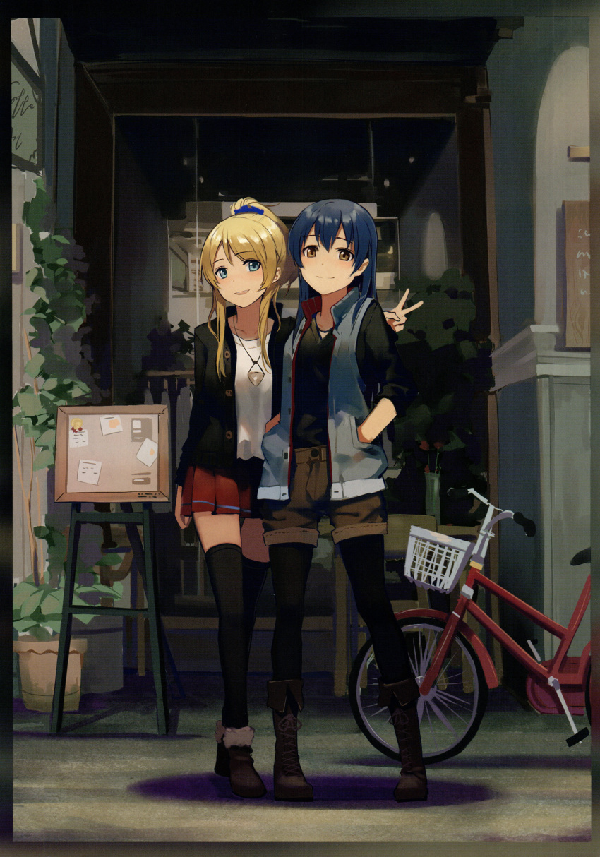 2girls absurdres ayase_eli bangs bicycle black_legwear blonde_hair blue_eyes blue_hair blush boots closed_mouth eyebrows_visible_through_hair full_body ground_vehicle hair_between_eyes hands_in_pockets highres huanxiang_heitu jacket jewelry long_hair long_sleeves looking_at_viewer love_live! love_live!_school_idol_project multiple_girls necklace open_clothes open_jacket open_mouth pantyhose ponytail scan shorts skirt smile sonoda_umi standing thigh-highs yellow_eyes