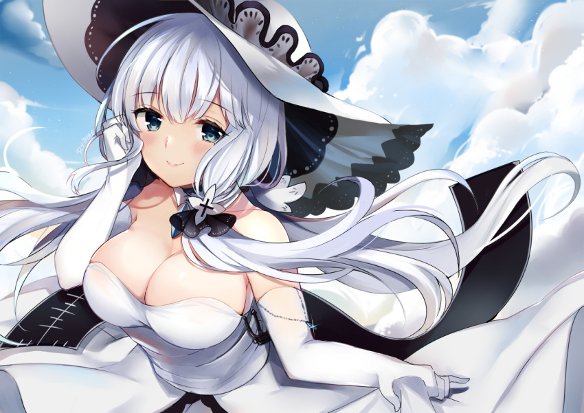 1girl adjusting_hair artist_name azur_lane bangs bare_shoulders blue_eyes breasts cleavage clouds cloudy_sky collarbone cowboy_shot dress elbow_gloves eyebrows_visible_through_hair gloves hair_between_eyes hat illustrious_(azur_lane) jewelry large_breasts long_hair looking_at_viewer outdoors ry_thae sky sleeveless smile solo standing strapless white_dress white_gloves white_hair