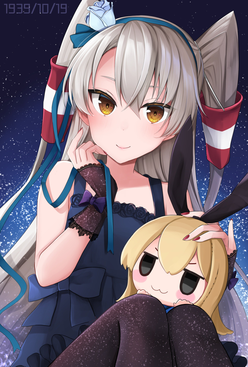 1girl :3 absurdres amatsukaze_(kantai_collection) animal_ears black_legwear blonde_hair blue_dress blue_flower blue_hairband blush brown_eyes character_doll commentary_request dated doll dress eyebrows fingerless_gloves flower gloves hair_tubes hairband highres holding holding_doll holding_ribbon kantai_collection lace lace_gloves lace_legwear nail_polish rabbit_ears red_nails ribbon shimakaze_(kantai_collection) silver_hair skirt sky sleeveless sleeveless_dress smile solo star_(sky) starry_sky twintails yunamaro
