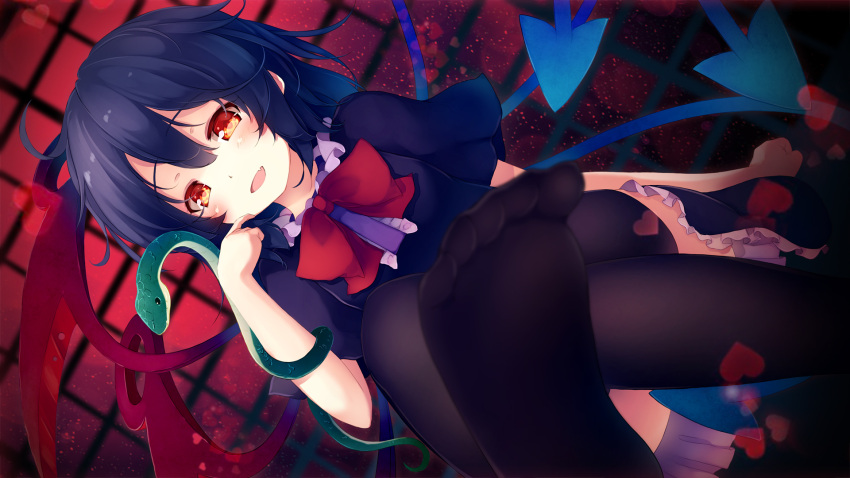 1girl asymmetrical_wings bangs black_dress black_hair black_legwear blue_wings blush bow bowtie center_frills commentary_request dress dutch_angle feet feet_out_of_frame gengetsu_chihiro hair_between_eyes hand_up heart highres houjuu_nue looking_at_viewer open_mouth petticoat red_bow red_eyes red_neckwear red_wings short_hair short_sleeves sitting smile snake soles solo thigh-highs touhou wings zettai_ryouiki