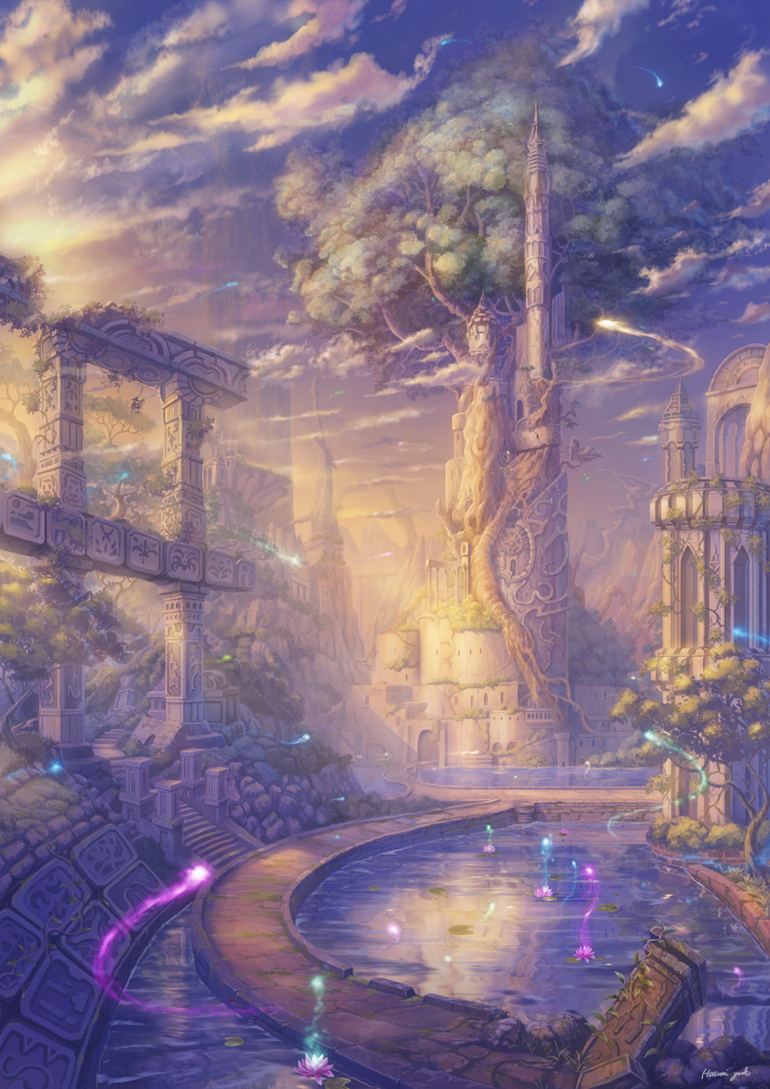 clouds day fantasy hasumi_yuuki highres lake landscape no_humans original outdoors pillar ruins scenery sky stairs tower tree