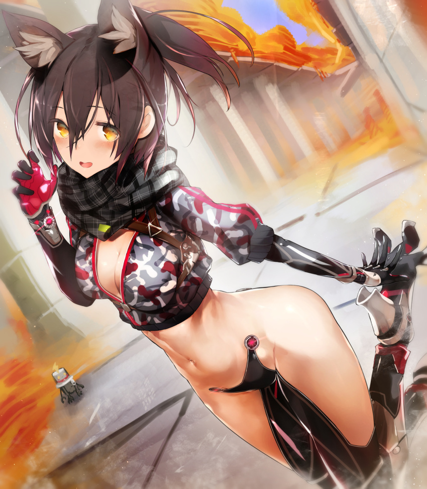 1girl :d animal_ear_fluff animal_ears bangs bare_hips black_footwear black_gloves blurry blurry_background blush breasts brown_eyes brown_hair camouflage_jacket cat_ears chaps cleavage commentary_request crotch_plate depth_of_field dutch_angle elbow_gloves eyebrows_visible_through_hair gloves grey_scarf groin hair_between_eyes hand_up head_tilt high_heels highres looking_at_viewer medium_breasts navel nishiide_kengorou open_mouth plaid plaid_scarf ponytail puffy_short_sleeves puffy_sleeves revealing_clothes roboco-san roboco_ch. robot scarf shoe_soles short_sleeves sidelocks smile solo virtual_youtuber