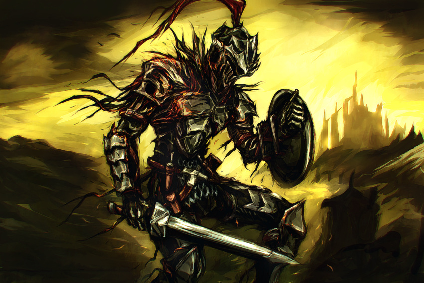 1boy armor byneet commentary_request dark_souls_iii full_armor goblin_slayer goblin_slayer! helmet holding holding_sword holding_weapon partial_commentary plume shield solo souls_(from_software) sword weapon