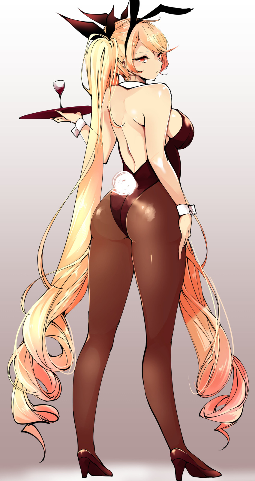 1girl absurdly_long_hair absurdres agetama animal_ears bare_shoulders black_leotard blonde_hair bow breasts bunny_girl bunny_tail bunnysuit character_request copyright_request detached_collar fake_animal_ears full_body hair_ribbon high_heels highres large_breasts leotard long_hair looking_back rabbit_ears red_eyes ribbon sideboob simple_background solo standing strapless strapless_leotard tail tray twintails very_long_hair wrist_cuffs