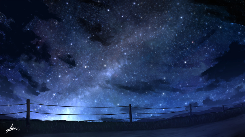 alu.m_(alpcmas) clouds fence grass milky_way night night_sky no_humans original outdoors road scenery signature sky star_(sky) starry_sky